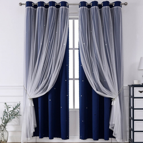 Navy Blue Double-Layer Curtains with Lace Star Design