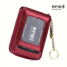 RFID-Kreditkartenetui aus echtem Leder, abnehmbarer Schlüsselanhänger, mehrere Fächer – Rot, kompatibel mit Standardkarten