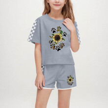 Girls' Sunflower & Checkered Sleeve Outfit Set - Summer Casual Two-Piece Shorts & Top, Soft Print Toddler Girls Outfit Setsfor Ages 5-14, Gray