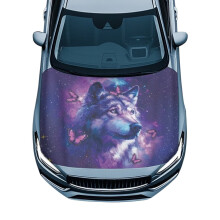 Purple Galaxy Wolf Car Hood Cover – Soft Polyester Elastic Protector, Washable, Compatible with Most Cars