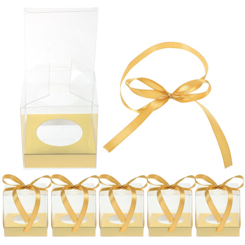 60Pcs Golden Transparent Cake Boxes with Ribbon for Bakery Display Use 1