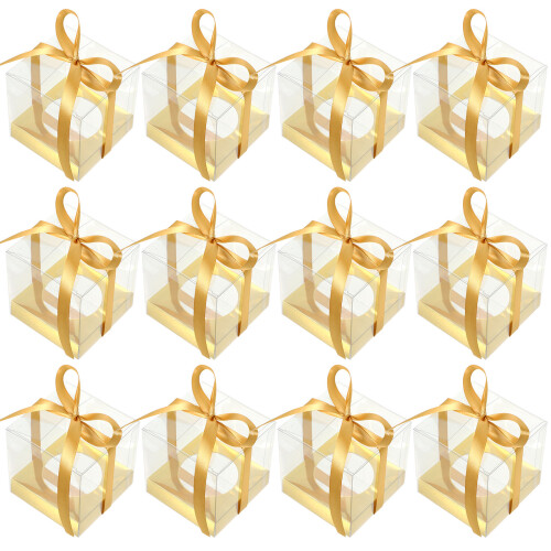 60Pcs Golden Transparent Cake Boxes with Ribbon for Bakery Display Use 2