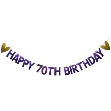 Guirnalda de papel con purpurina morada, preensamblada, artículos de decoración para fiestas de 70 cumpleaños, color morado, ¡FELIZ 70