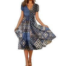 Gúna Tuinic Midi Muineál V Boho do Mhná i nGorm Dorcha