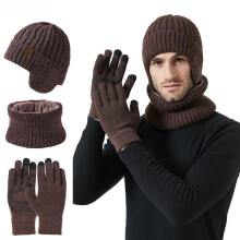 Unisex3 darabos téli sapka, sapka, sál, érintőképernyős kesztyű szett, vastag, meleg kötött koponyasapka, polár béléssel ellátott