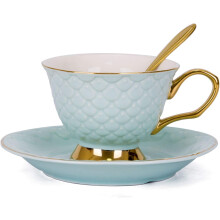 Conjunto de xícara de café, xícara de chá e pires em porcelana azul vintage de 8 onças com padrão decorativo de escamas.