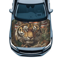 Car Hood Cover Stretch Polyester Protection Tiger American Flag Hood Wrap Blanket for Most Sedan Small SUV Truck, Automotive Exterior Accessories