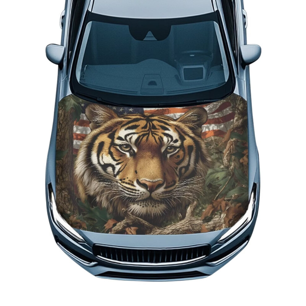 Car Hood Cover Stretch Polyester Protection Tiger American Flag Hood Wrap Blanket For Most Sedan Small Suv Truck, Automotive Exterior Accessories 9405492417779
