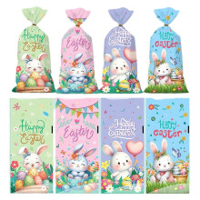 Sachets à friandises en plastique pour Pâques, sachets à bonbons en plastique avec motif lapin, pour fêtes d'anniversaire, de naissance ou