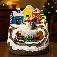 Animiertes Schneemanndorf mit Musik, drehbarer Eisenbahn, beleuchtetem Haus, Musik und USB-/Batteriebetrieb – Weihnachtsdekoration und Geschenkidee
