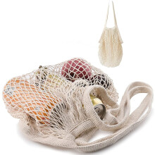 1PC Reusable Cotton Mesh Shopping Bags with Long Handle – Washable Produce Net Bags for Fruits & Vegetables, Compatible with Grocery Storage