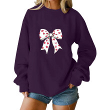 Damen-Sweatshirt zum Valentinstag, Oversize, lila Schleife & Herzchen-Print, Rundhalsausschnitt, süßer, lässiger Pullover, romantisches Geschenk,