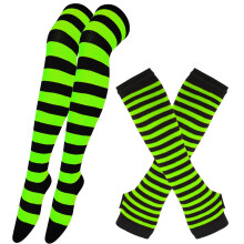 1 Set Womens Striped Knee High Socks Long Knitted Arm Warmers Fingerless Gloves for Halloween Costume (Socks+Gloves)