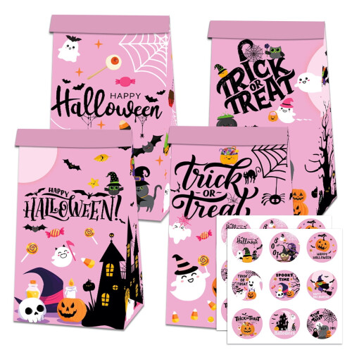 12 τεμάχια χαριτωμένες τσάντες με δώρα για το Halloween (4 στυλ) + 18 αυτοκόλλητα –
