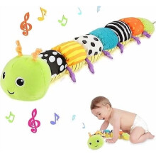 Brinquedo de pelúcia macio para bebês com textura multissensorial, chocalho e detalhes verdes. Ideal para meninas de 0 a 6 meses. Lagarta de