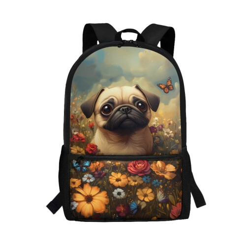 Παιδικό σακίδιο πλάτης Flowers Pug 17" με πλαϊνή τσέπη από διχτυωτό ύφασμα – Casual τσάντα
