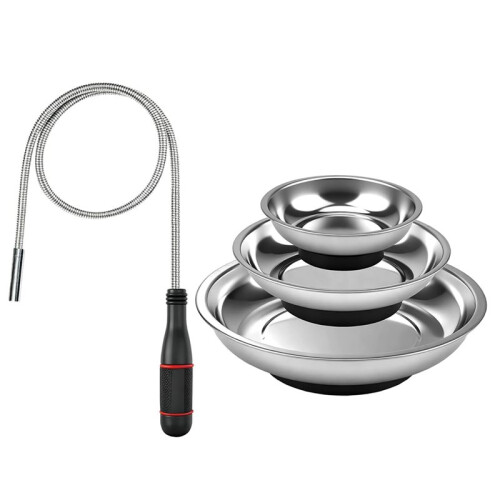 4 Pack Telescoping Magnetic Pickup Tool with 3/4/6in Magnetic Trays, Magnet Flexible Spring Stick, Retrieving Sweeper