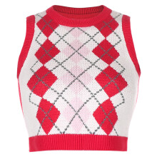 Dámský svetr Retro Vibes, pletený top bez rukávů s výstřihem do V, pružná látka, kostkovaný argyle, preppy styl, ležérní elegantní,