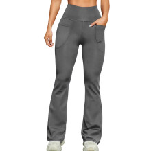 Női magas derekú, szénszürke, trapéz leggings zsebekkel, hasformáló jóganadrág edzéshez és mindennapokhoz, bootcut sportnadrág, M-es