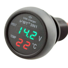 Car Voltmeter Tester 3in1 Digital Voltmeter Thermometer LED Display 12/24V 2.1A Cigarette Lighter USB Car Charger