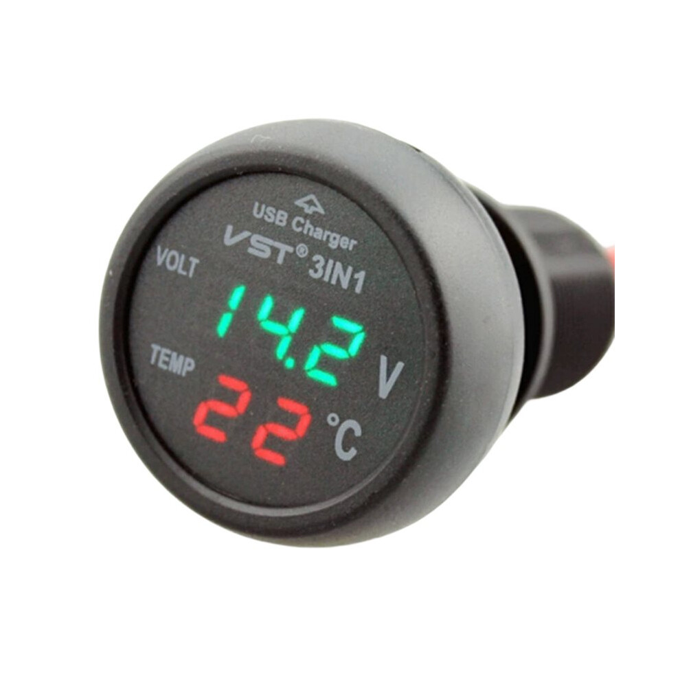 Car Voltmeter Tester 3In1 Digital Voltmeter Thermometer Led Display 12/24V 2.1A Cigarette Lighter Usb Car Charger 4714120322589
