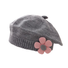 Kids Beret Hat Toddler Winter Knitted Beanie Cap with Cute Flower Little Girls French Hat Gray Free Size
