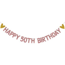 Letrero de FELIZ 50 CUMPLEAÑOS, preensamblado, papel oro rosa con purpurina, decoraciones para fiestas de 50 años, artículos para fiestas de 50
