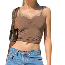 Crop top met kanten halslijn, sexy tanktop, mouwloos design, sprookjesachtig grunge Y2K-stijl, lichtgewicht ribgebreide camisole met spaghettibandjes