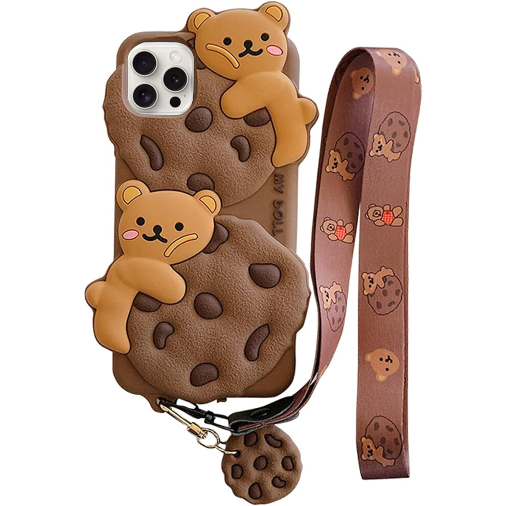 Cute Bear Khaki Iphone 15 Pro Case With Strap, Lanyard & Keychain Â Kawaii Soft Silicone Shockproof Cover For Women/Girls 9425574662590