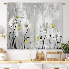 Farmhouse Flower Kitchen Curtains, Grey Rustic Daisy Floral Cafe Window Tier Curtains (27.5x39"), Rod Pocket, Vintage Butterfly Design