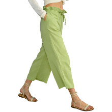 Pantalon Capri en coton vert menthe pour femme, coupe ample, longueur cheville, taille L, avec taille élastique et poches.
