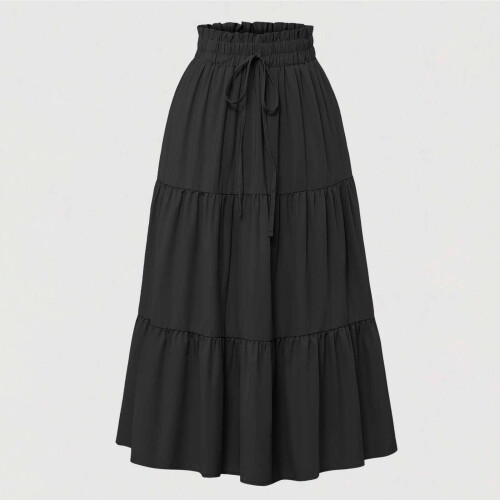 Γυναικεία Μαύρη Φούστα Maxi XXL – Φούστα με Ελαστική Μέση, Ψηλόμεση, Κορδόνι σε