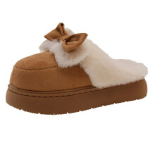 Nieuwe damesslippers met platte hak, dikke zool, strik en fluweel voor de herfst en winter | Modieuze, eenvoudige en lichtgewicht pluizige slippers