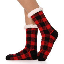 Damsockor med fuzzy-mönster, buffelpläd, sherpafleece, varma och mysiga, med grepp – kompatibla med vinter- och julklappar