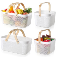 3-Pc Plastic Mesh Garden Harvest Baskets with Wood Handle, Multi-Use for Kitchen, Picnic, Fruits & Veggies – Black, Large