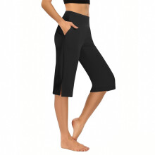 Pantaloni da yoga da donna a vita alta con tasche - Capri da allenamento, pantaloni sportivi a gamba larga 3/4 per il tempo libero da donna, neri,