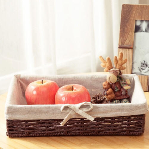 Tizuqe Rustic Wicker Fruit Storage Basket Faux Rattan Woven Rectangular Bow Organizer 1