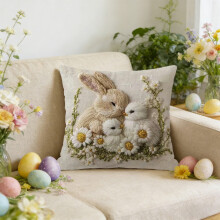 Housse de coussin brodée lapin de Pâques 45 x 45 cm – Décoration printanière, motif fleurs sauvages, pour chambre/canapé – Compatible avec