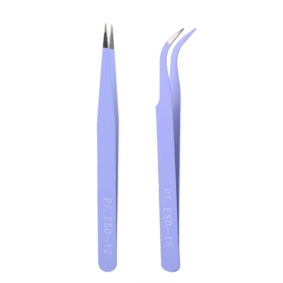 2Pcs Stainless Steel Nail Art Tweezers Anti Static