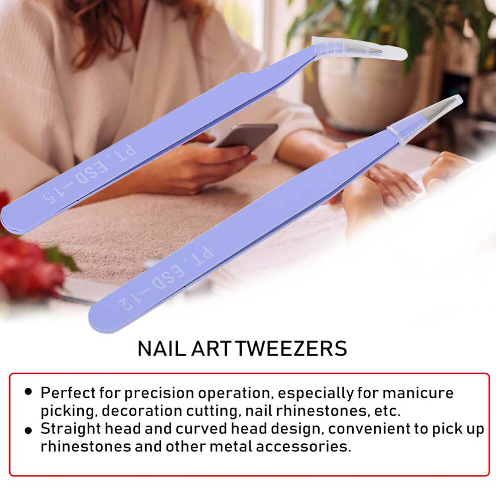 2Pcs Anti Static Tweezers Stainless Steel Nail Art