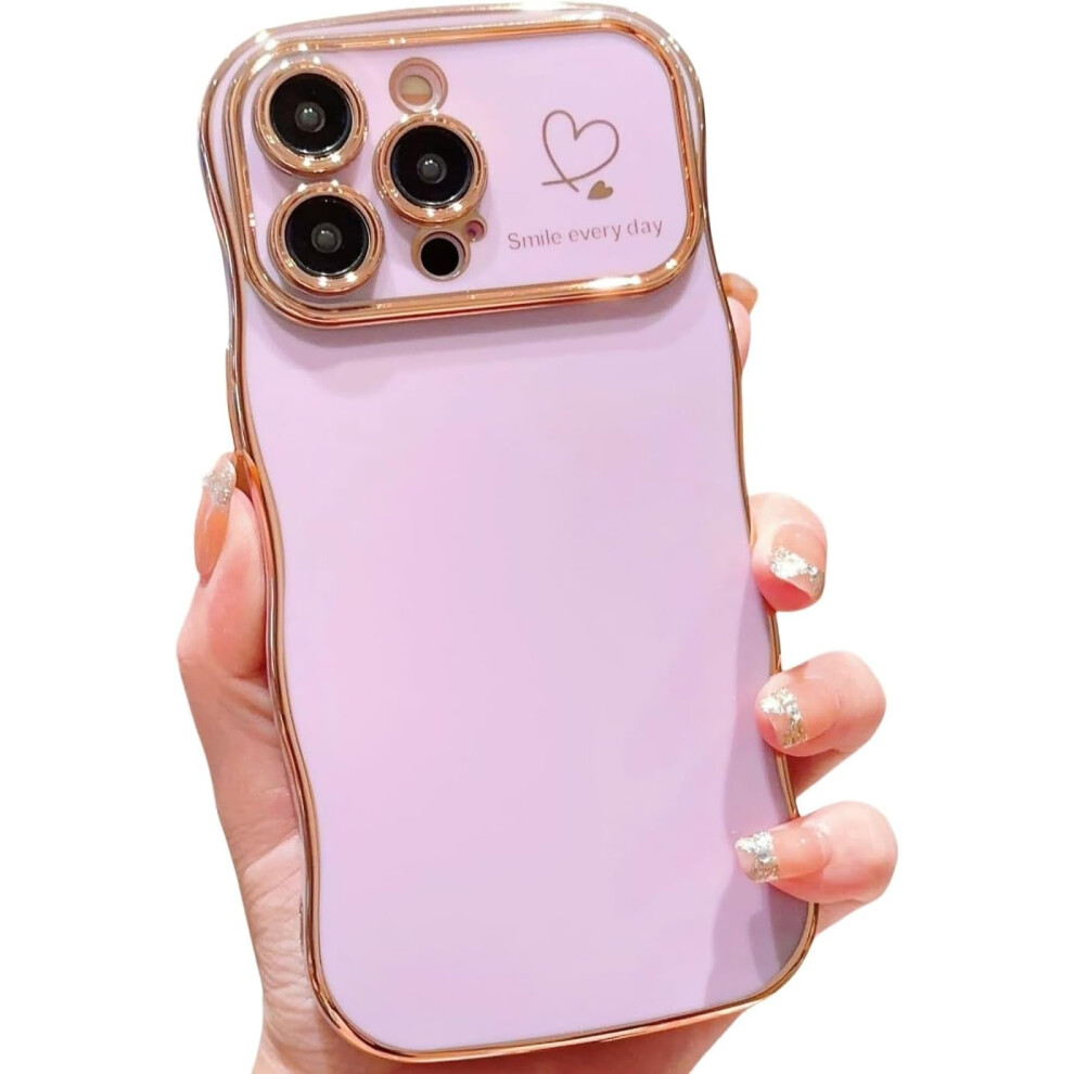 Cute Wave Frame Iphone 15 Pro Case For Women Â Love Heart, Raised Camera, Shockproof, Luxury Plating, Light Purple 9425574672162