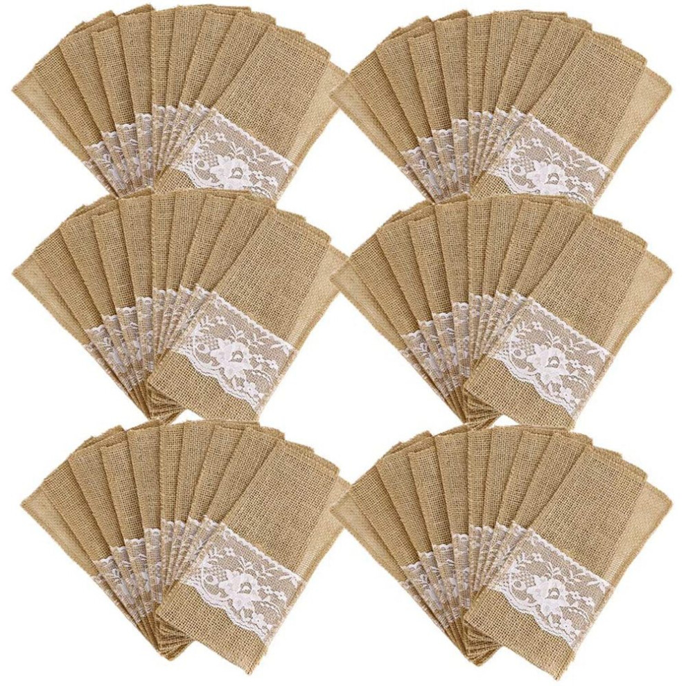 75Pcs Burlap Lace Cutlery Pouch Rustic Wedding Tableware Knife Fork Holder Bag Hessian Jute Table Decoration Accessories 6032238794240