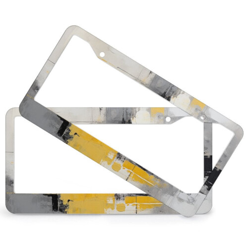 Abstract Art License Plate Frames Grey Yellow Stainless 1