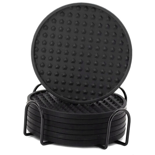 Conjunto de 7 porta-copos de silicone preto com suporte. 2