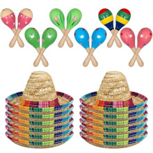 LYCN 24Pcs Wooden Maracas Includes Mini Sombrero Top Hat Bulk Mexican