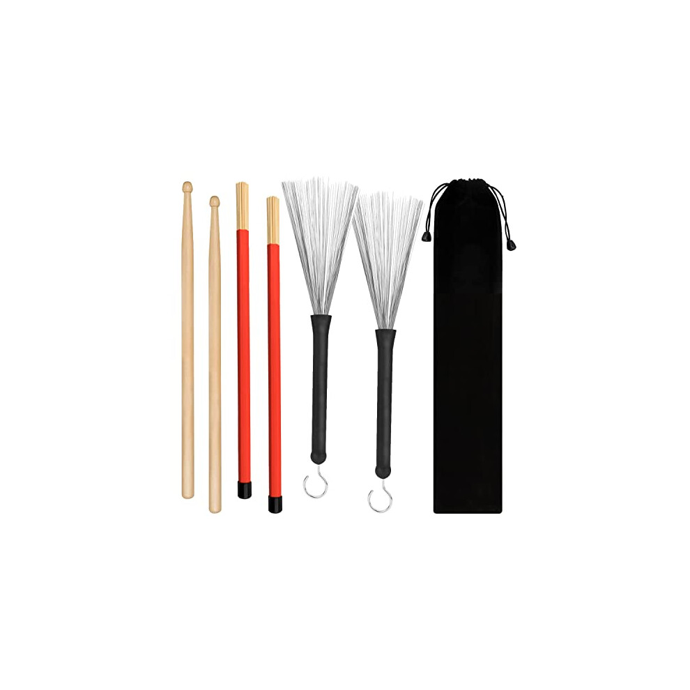 Sinblue Drum Sticks Brush Set 5A Maple Wood Drum Sticks 1 Pair, Retractable Drum Wire Brushes 1 Pair, Rods Drum Brushes 1 Pair For Kids, Adults, Rock
