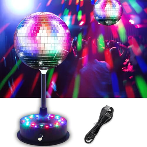 6'' Mirror Disco Ball with 24 LEDs 5-9 RPM Adjustable Rotating Motor Base