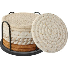 Set mit 8 saugfähigen Untersetzern aus gewebter Baumwolle mit Halter, Boho-Untersetzer für Getränke, Kaffee, Tischdekoration (4 Farben)