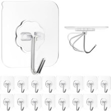 16er-Pack selbstklebende Wandhaken, hochbelastbar (10 kg Tragkraft), transparent, wasserfest, abnehmbar und ohne Beschädigungen, für Bad und Küche