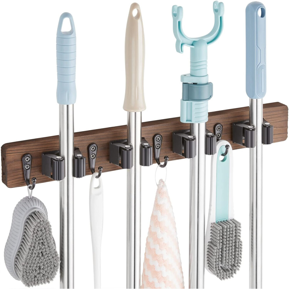 Mop Broom Holder Wall Mount | Tool Organizer for Garage Laundry Kitchen with 4 Slots & 4 Hooks